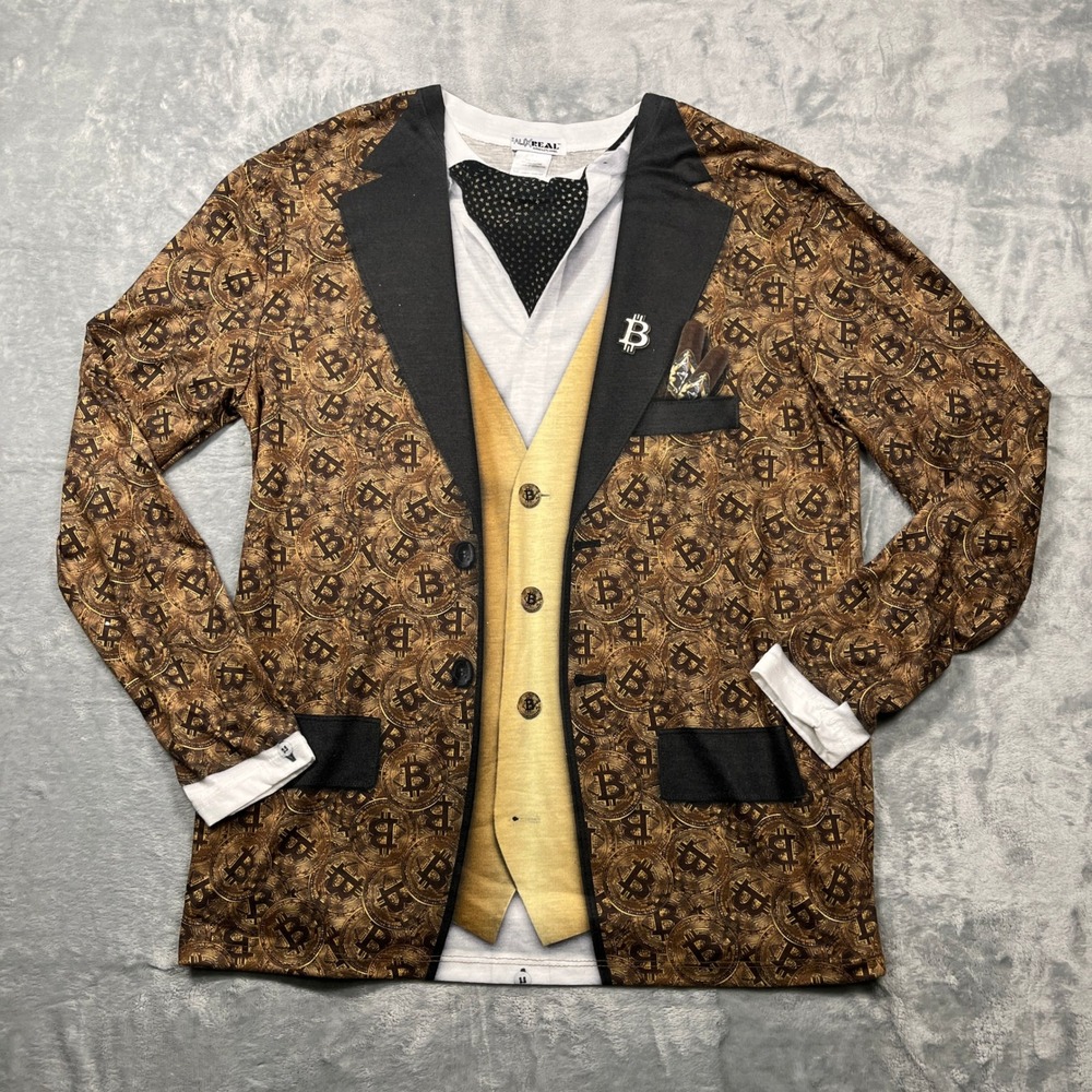 Faux‎ Real Bitcoin Tuxedo T-Shirt Mens Brown Gold Long Sleeve Crypto Print L